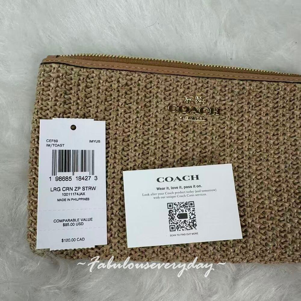 Coach Large Corner Zip Wristlet CEF69 Gold/Toast Straw Leather NWT - Picture 4 of 5